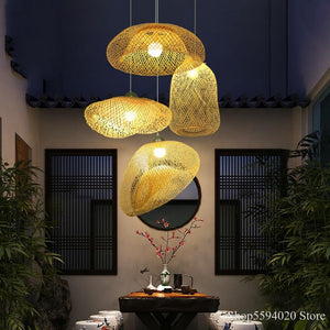 Chinese Creative Bamboo Chandelier Restaurant Lighting Japanese Zen Straw Hat Hanglamp House Decorative Bird's Led Lighting E27